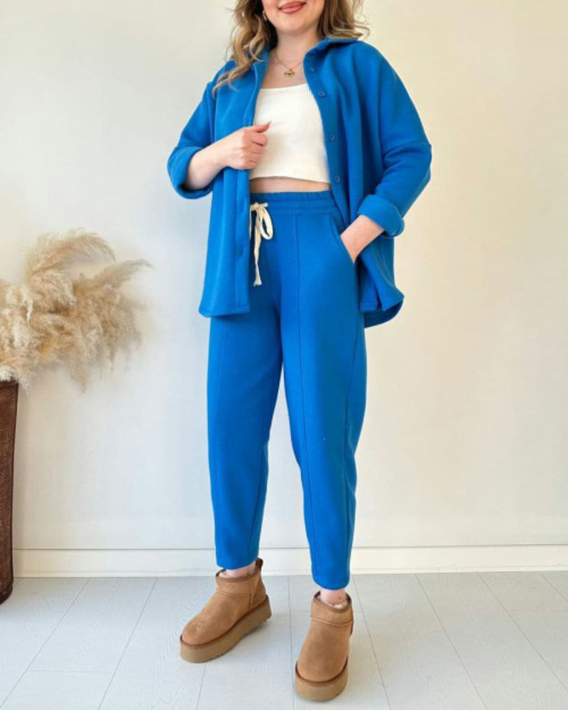 Simple Casual Two-Piece Set with Fleece Inside Lapel-Neck Shirt+Wide-leg Pants