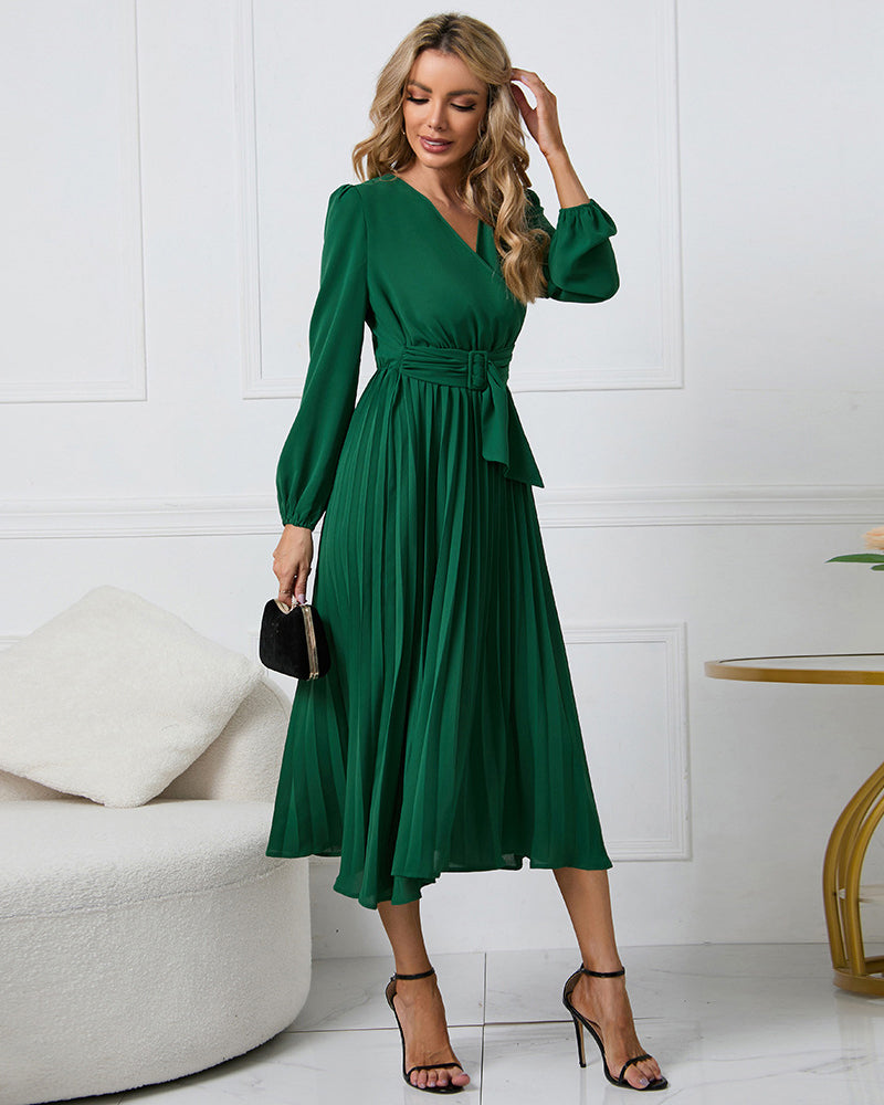 Elegant Wrap V Neck Lantern Sleeve Bulted Pleated Flowy Midi Dress