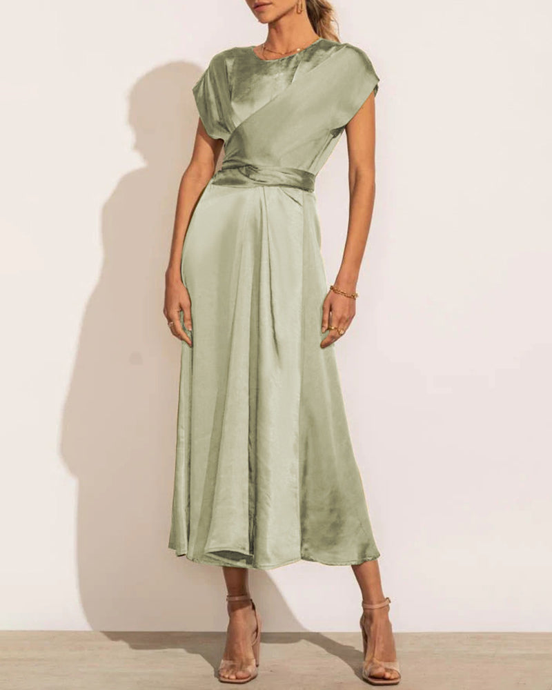 Satin Midi Dress Cap Sleeve Tie Waist Elegant A-Line Flowy Dresses