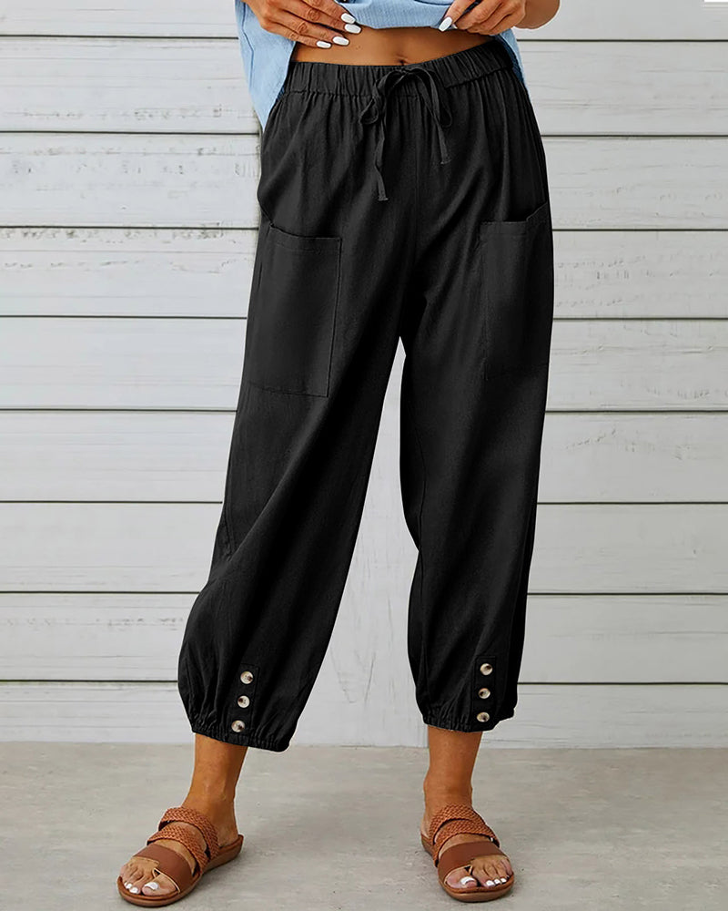 Plus Size Drawstring Soild Elastic Pocket Casual Pants