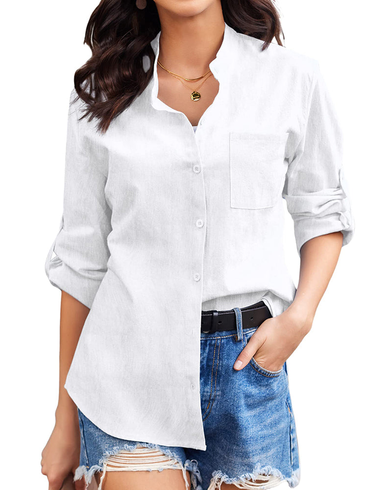 Women Cotton Linen Shirts Beach V Neck Roll Up Sleeve Button Down Blouses Shirts Summer Casual Dress Tops - Zeagoo (Us Only)