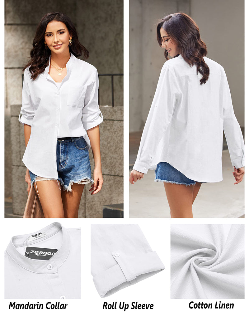 Women Cotton Linen Shirts Beach V Neck Roll Up Sleeve Button Down Blouses Shirts Summer Casual Dress Tops - Zeagoo (Us Only)