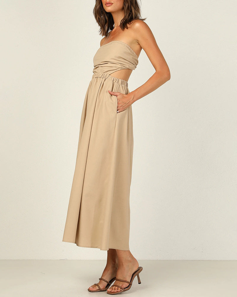 Summer Strapless Dress Off Shoulder Sexy Wrap Dress Solid Color Beach Dress
