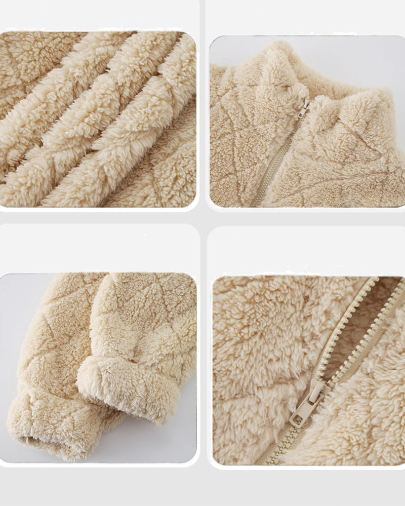Zipper Plaid Fleece Pockets Women's Coat Cardigan