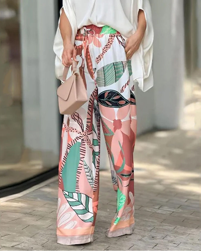 Two-piece Set V-Neck Batwing Sleeve Loose Top and Printed High-Waisted Wide Leg Pants Set