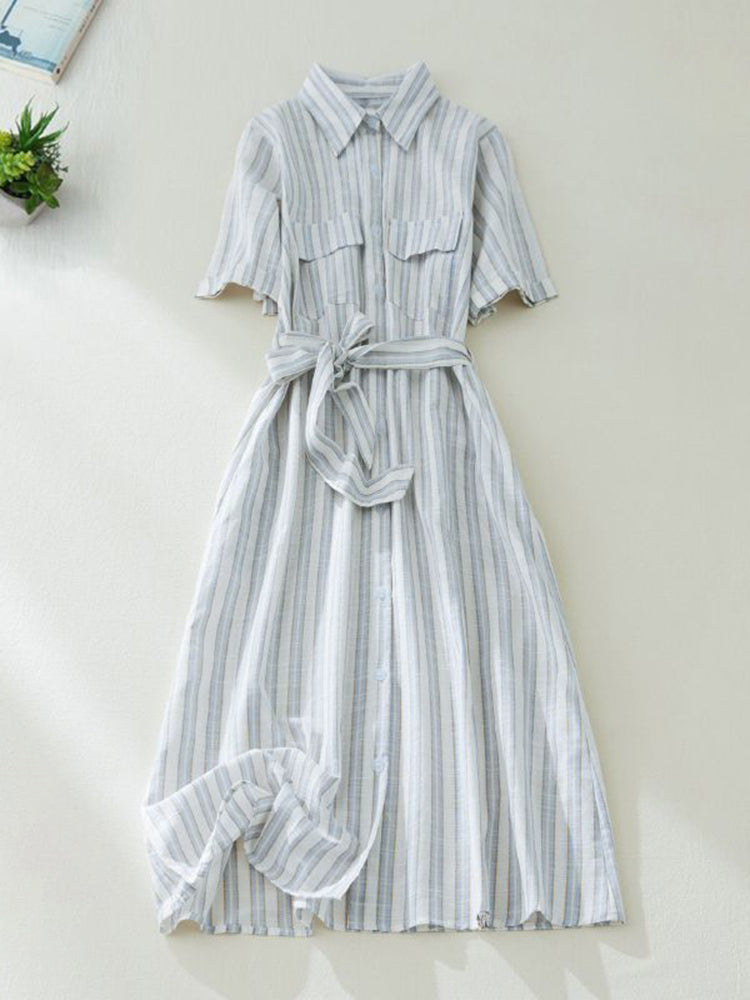 Short Sleeve Vertical Stripe Waist Shirt Dress with Belt