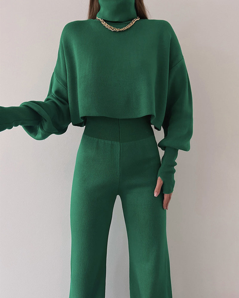 Women's Knitted Two Pieces Sets Turtleneck Cropped Sweater with High-waisted Flared Pants