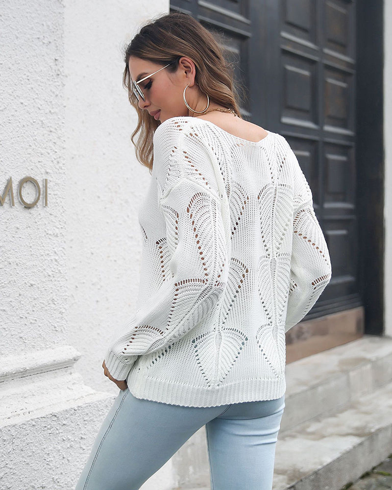Hollow Leaf V-neck Long-sleeved Knitted Sweater