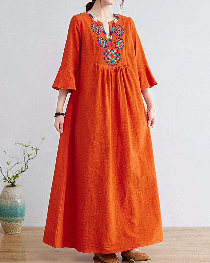 Loose Embroidered Floral Cotton Linen V-Neck 3/4 Sleeve Dress