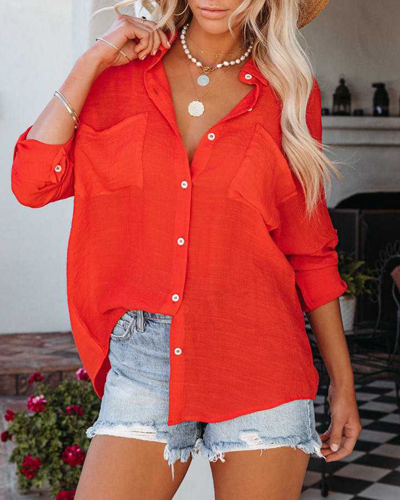 Solid Color V Neck Long Sleeve Button Down Blouse with Pockets