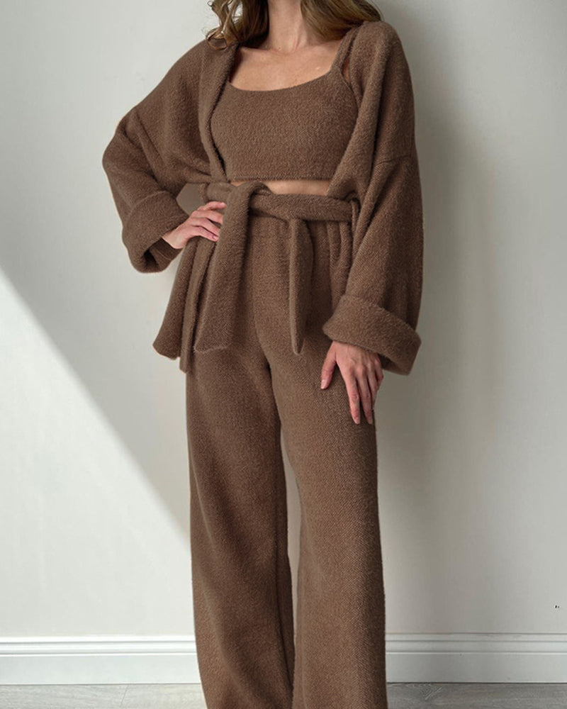 Brown Long-sleeved Trousers Three-piece Pajamas Set