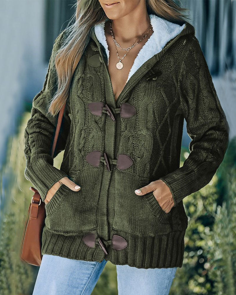 Casual Loose Fitting Fluffy Button Down Knitwear Coatigan Chunky Cable Hooded Cardigan