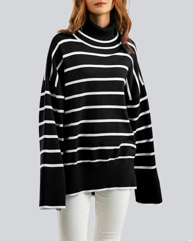 Striped Sweater Casual Turtleneck Knit Pullover Jumper Tops