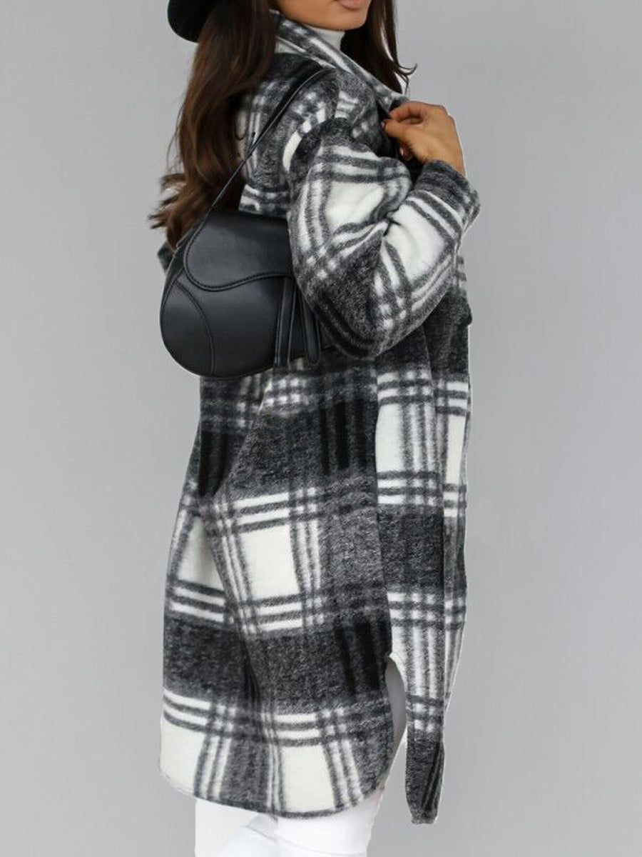 Lapel Single-breasted Double-pocket Plaid Coat