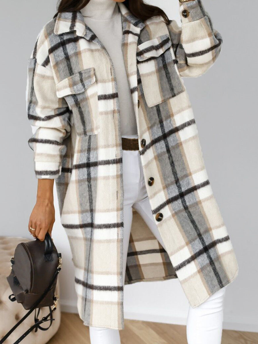 Lapel Single-breasted Double-pocket Plaid Coat