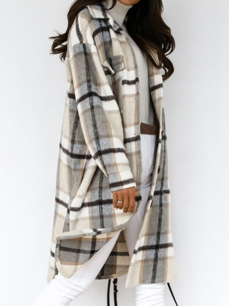 Lapel Single-breasted Double-pocket Plaid Coat