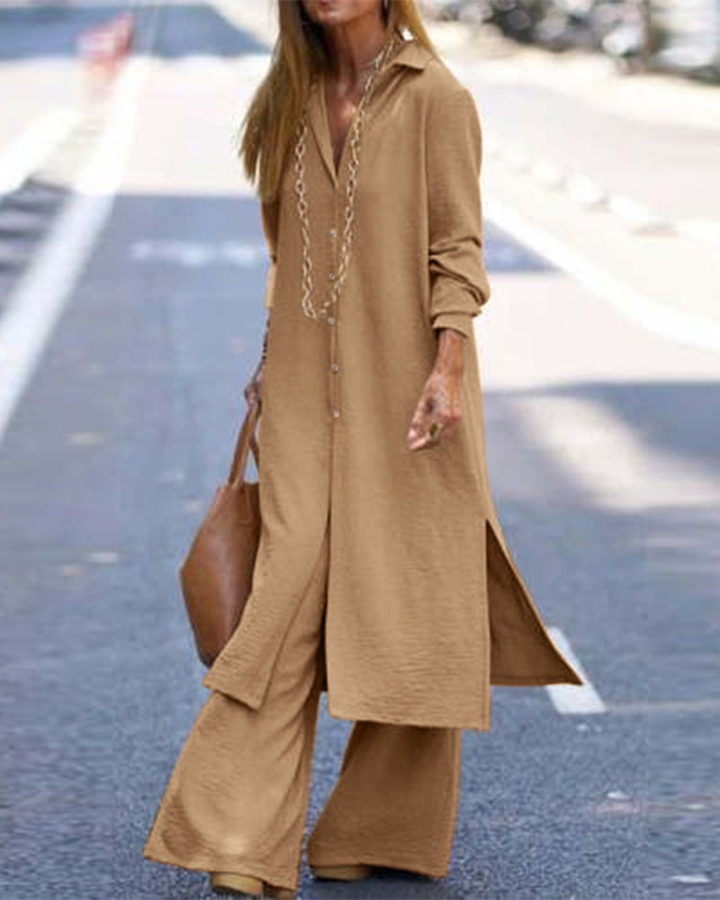 Casual Long Sleeve Shirt and Wide Leg Pants Set