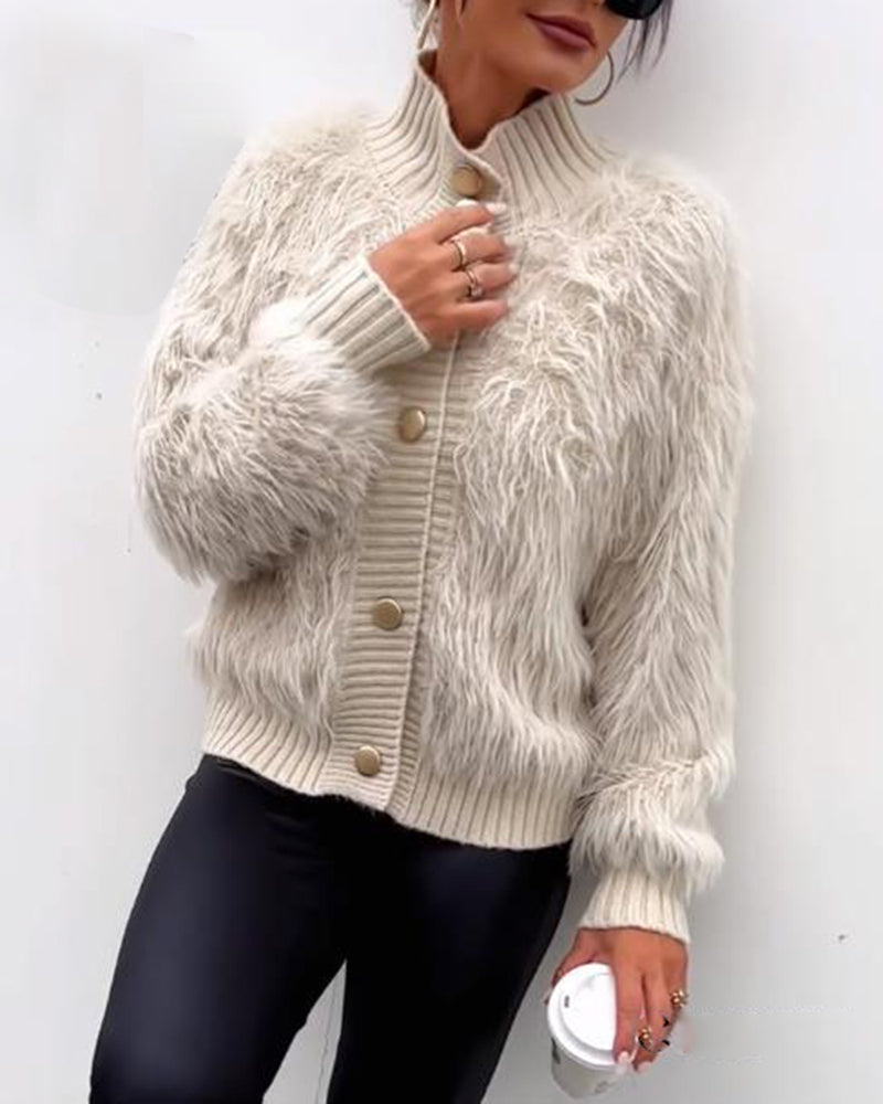 Women's Faux Fur Sweater Cardigan Knitted Turtleneck Jumper Fluffy Coat
