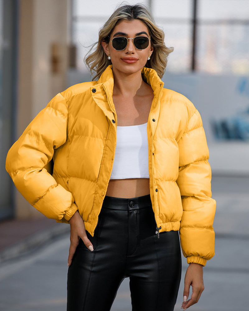 Short Puffer Jacket Stands Up Button Zipper Outerwear