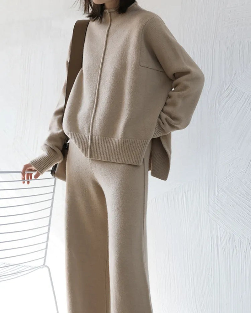 Lounge Set Casual Side Slit Knitted Sweater Pullover Top Wide Leg Pants Two Pieces Tracksuit