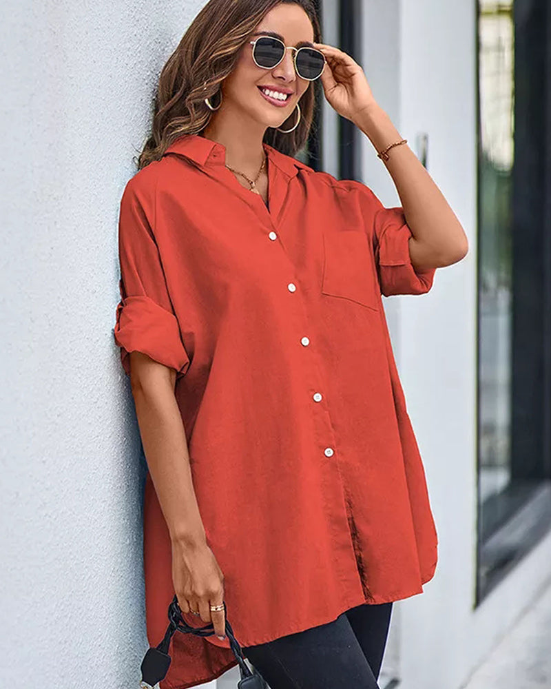 Long Cuffed Sleeve Shirts Button Down V Neck Blouse Loose Fitting Tops