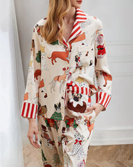 Satin Cartoon Print Long Sleeve Pajama Set