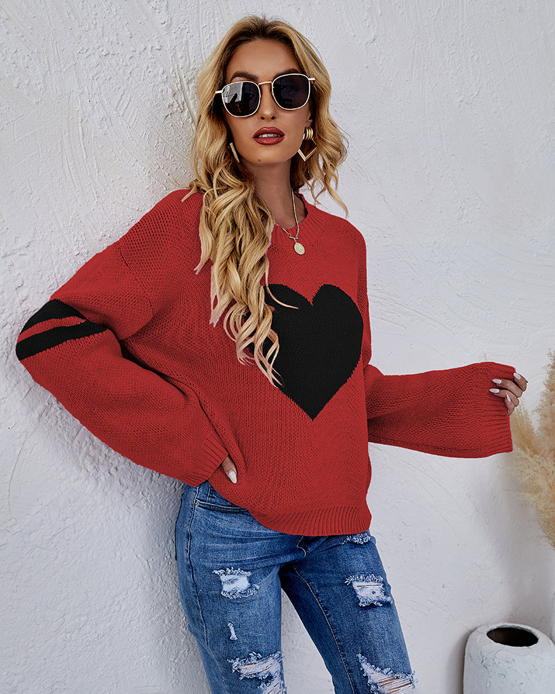 Valentine's Day Loose Heart Pattern Knitted Sweater