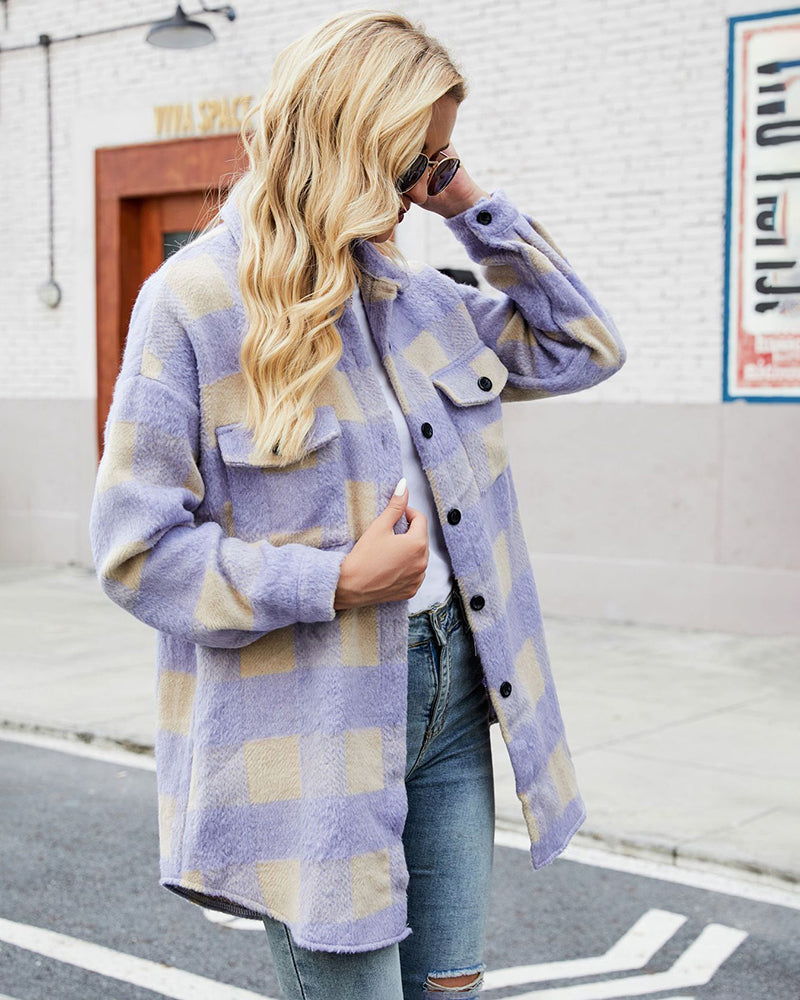 Loose Plaid Print Coat Single-breasted Woolen Overcoat