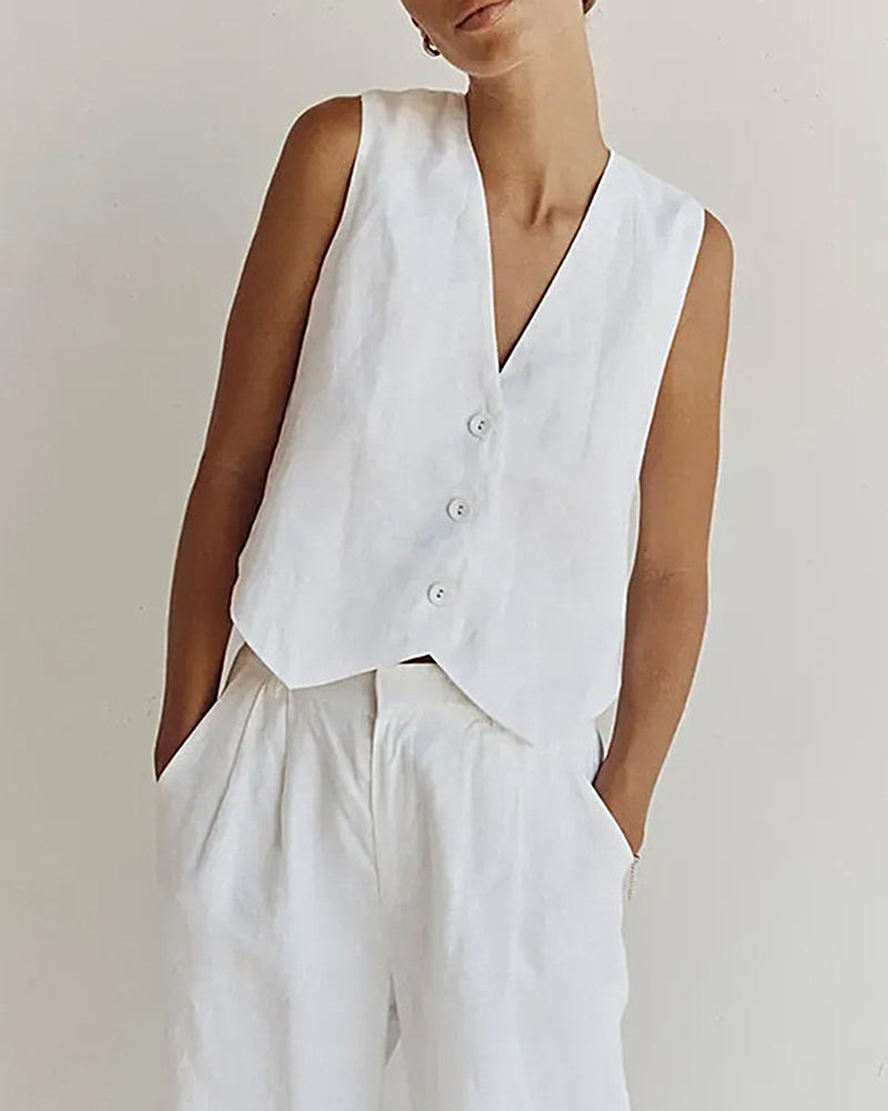 Classic Linen Vest and Wide Leg Pants Set