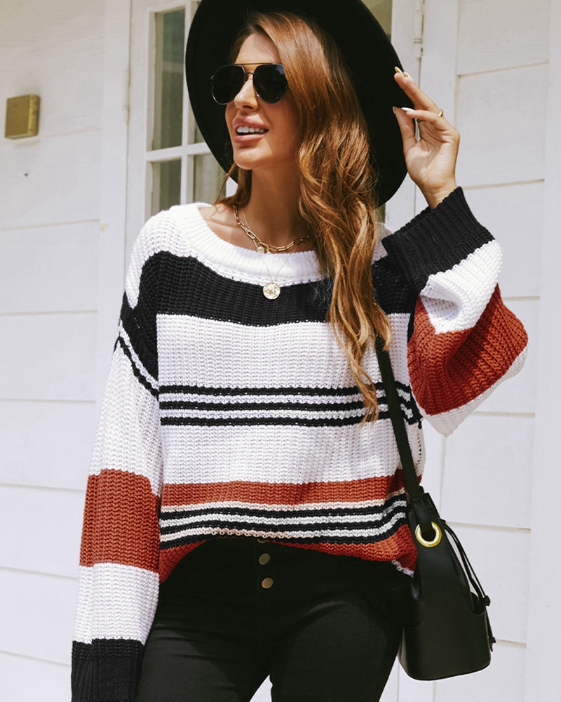 Striped Drop Sleeve Round Neckline Sweater