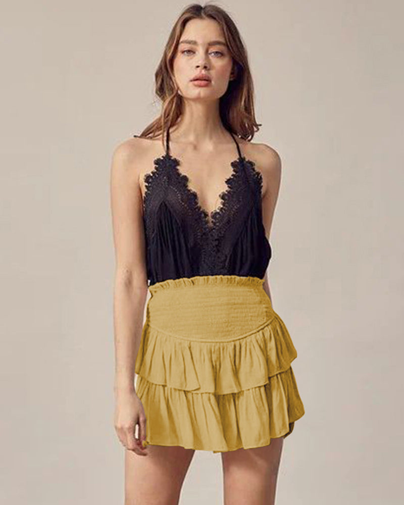 Smocked Ruffle Mini Skirts Summer High Waisted Tiered Short Skirt with Shorts