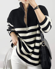 Mock Neck Zip-Up Striped Pullover Sweater