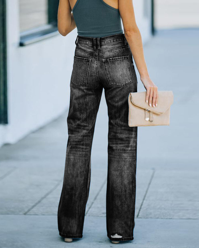 High-waist Loose Poly-breaking Wide-legged Jeans