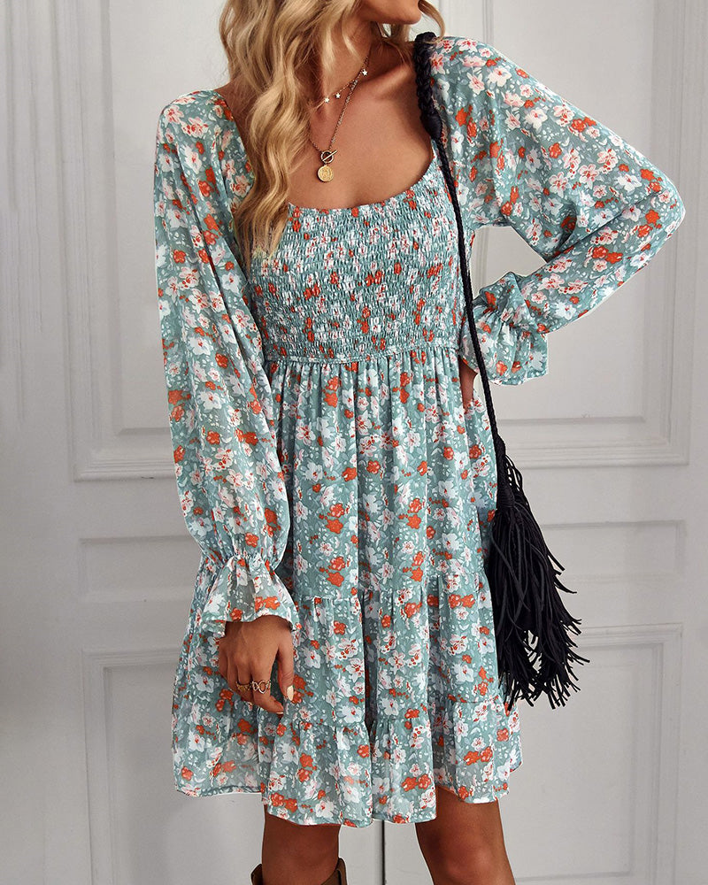 Ribbed Long Sleeve Chiffon Dress Crewneck Elegant Batwing Bohemian Floral Printed Dress