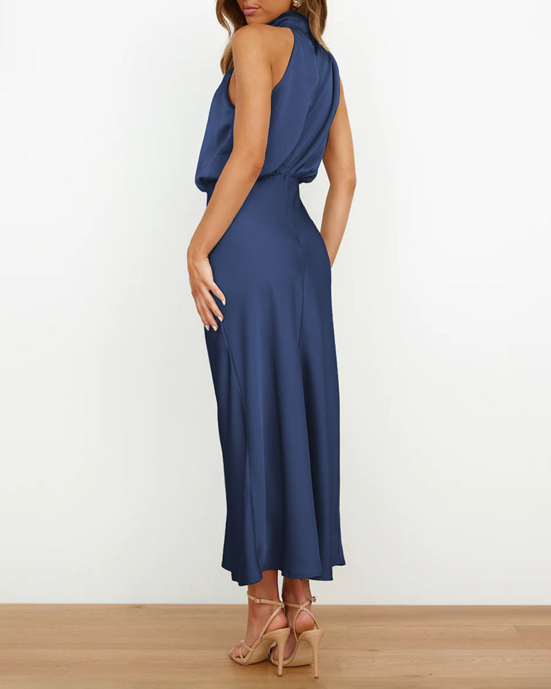 Long Formal Satin Dress Mock Neck High Neck Evening Dress