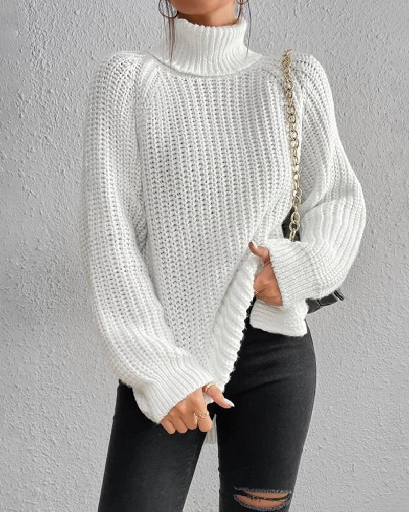 Mid-Length Raglan Sleeve Turtleneck Slit Sweater