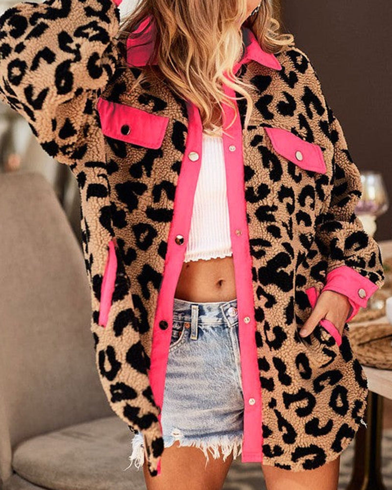 Polar Fleece Furry Coat Leopard Dot Pocket Dalmatian Spot Snap Button Plush Shaggy Jacket