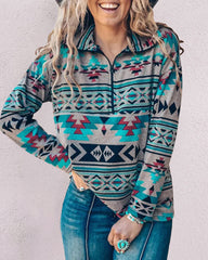 Geometric Print Sweatshirts Retro Long Sleeve Bohemia Loose Fit Zip Up Pullover