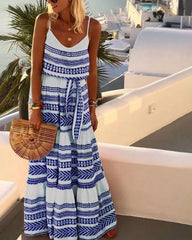 Strap Stripe Print V Neck Boho Long Maxi Dress Summer Flowy Tie Waist Beach Sundress