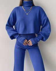 Women's Knitted Two Pieces Sets Turtleneck Cropped Sweater with High-waisted Flared Pants