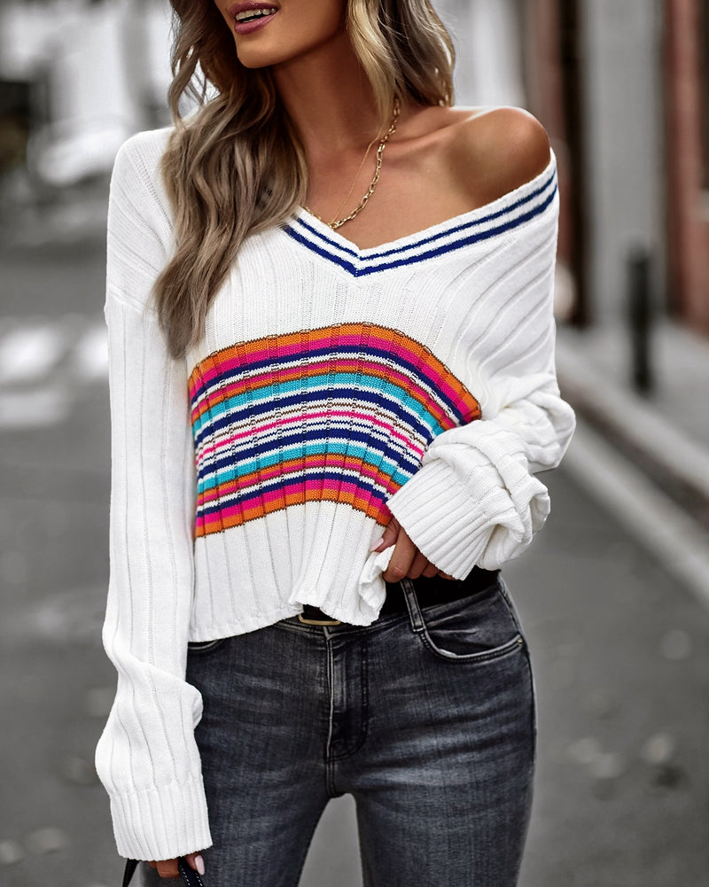 Striped Contrast V-Neck Dropped Shoulder Sweater