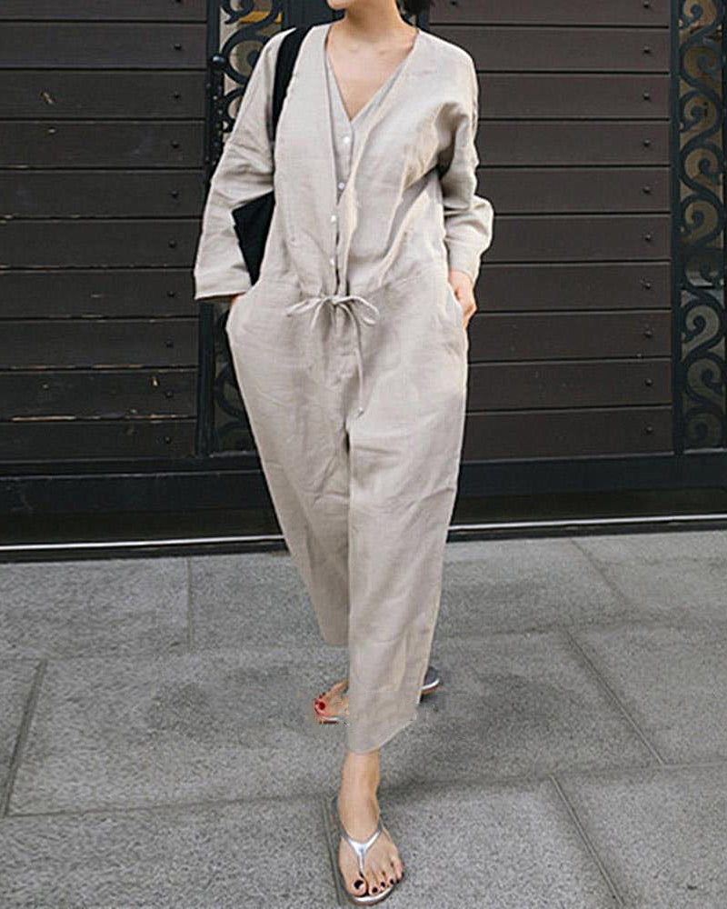 Single-breasted Casual Cropped Loose Wide-leg Jumpsuit with Drawstring