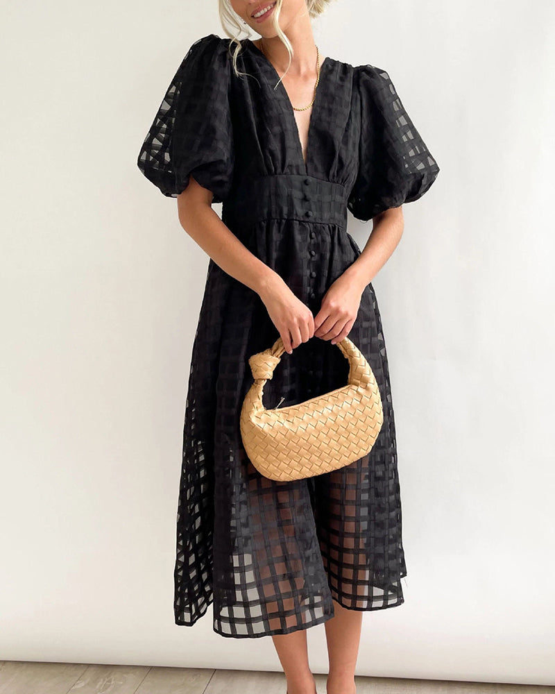 Deep V Neck Short Puff Sleeve Plaid Midi Dress Elegant Button Front Beach Flowy Dress