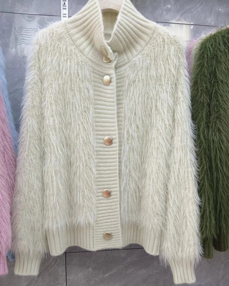 Women's Faux Fur Sweater Cardigan Knitted Turtleneck Jumper Fluffy Coat