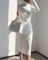 Elegant Turtleneck Sweater Dress Slim-fitting Belted Knee-length Knitted Dress