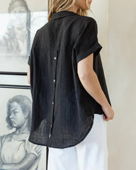 Short Sleeve V-Neck Shirt Button Down Back Irregular Hem T-Shirt Tops