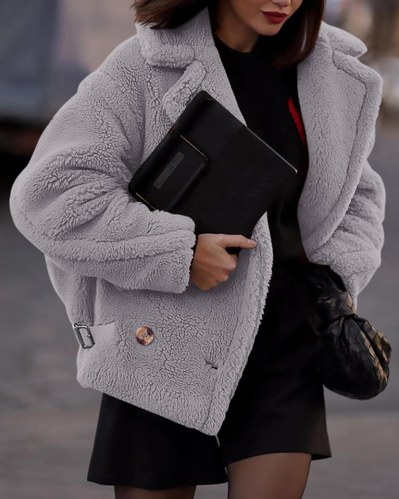 Lapel Fleece Jacket Long Sleeve Pockets Faux Fur Dressy Fall Outfits