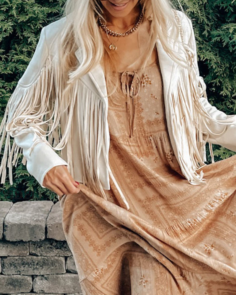 Slim Lapel Tassel Coats Soild Short Jackets Fringe Long Sleeve Party Cardigan