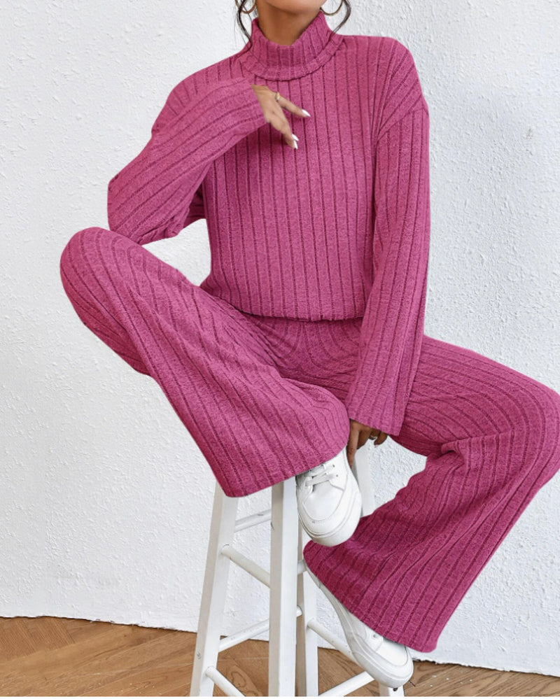 Women's Two Pieces Sets Ribbed Knit Turtleneck Long-Sleeve Top & Pants Set