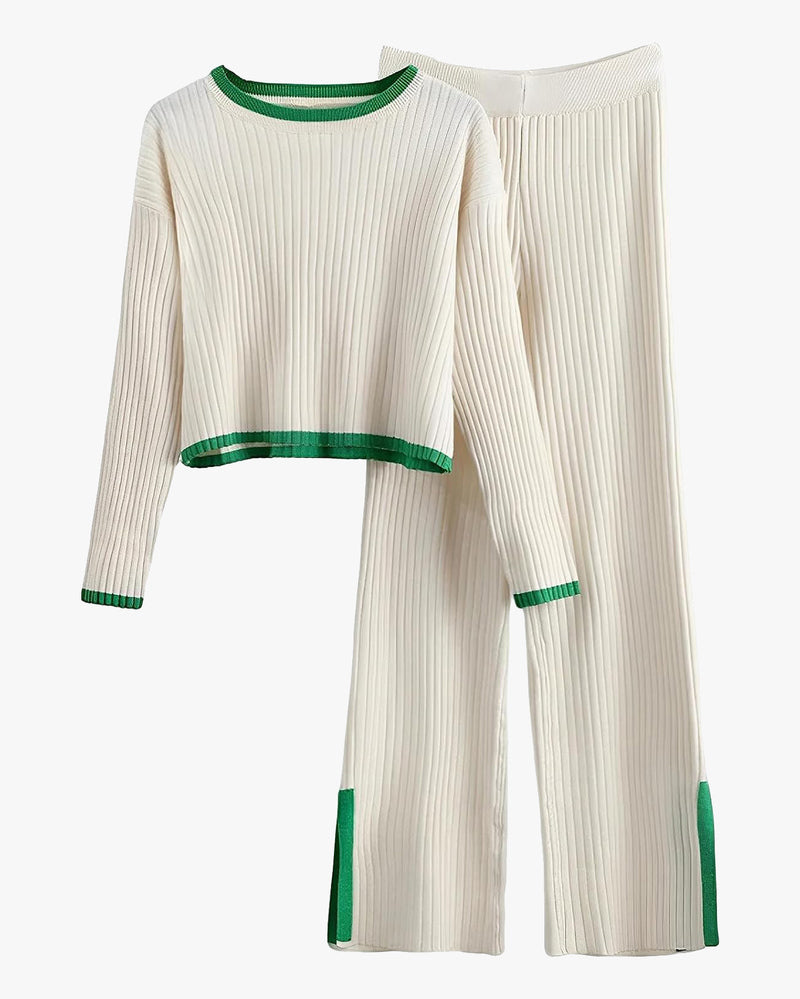 Knit Two Piece Outfit Color Block Cropped Top Long Pants Ribbed Sweater Set